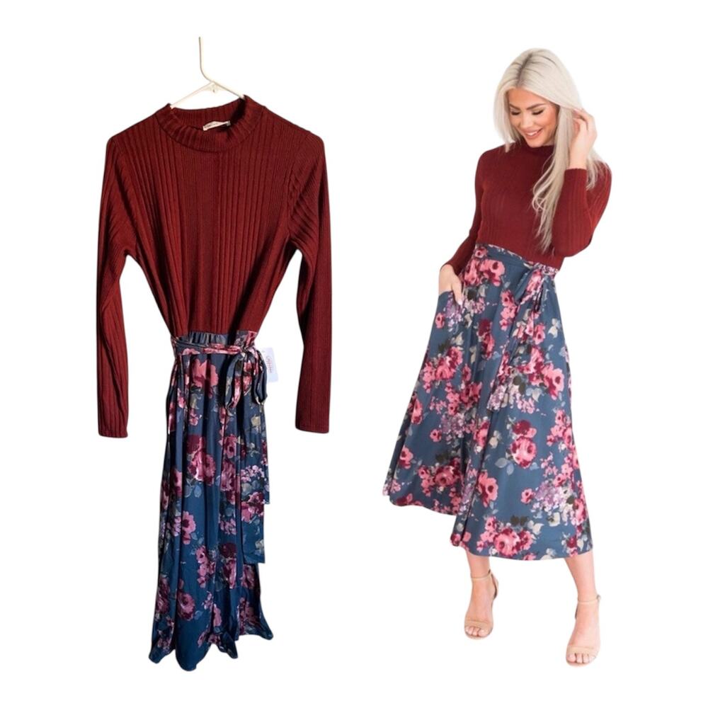 Reb. in J Red Floral Tie Waist Sweater Midi Dress Office Teacher Casual Sz L NWT